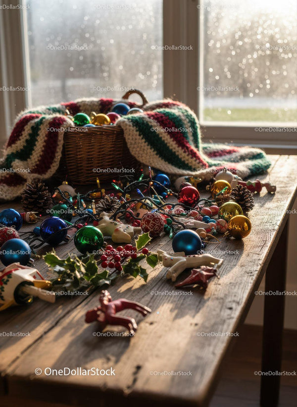 Cozy Rustic Table with Christmas Decorations and Blanket