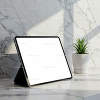 Modern tablet with blank screen on marble countertop