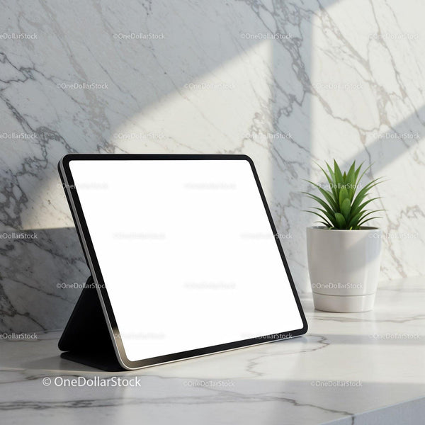 Modern tablet with blank screen on marble countertop JPG Mockup Image