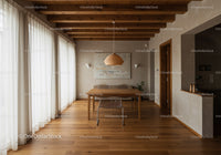 Modern dining room with wooden ceiling and beige walls