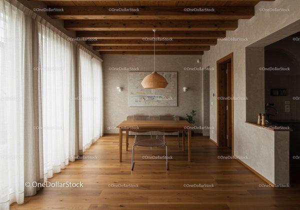 Modern dining room with wooden ceiling and beige walls
