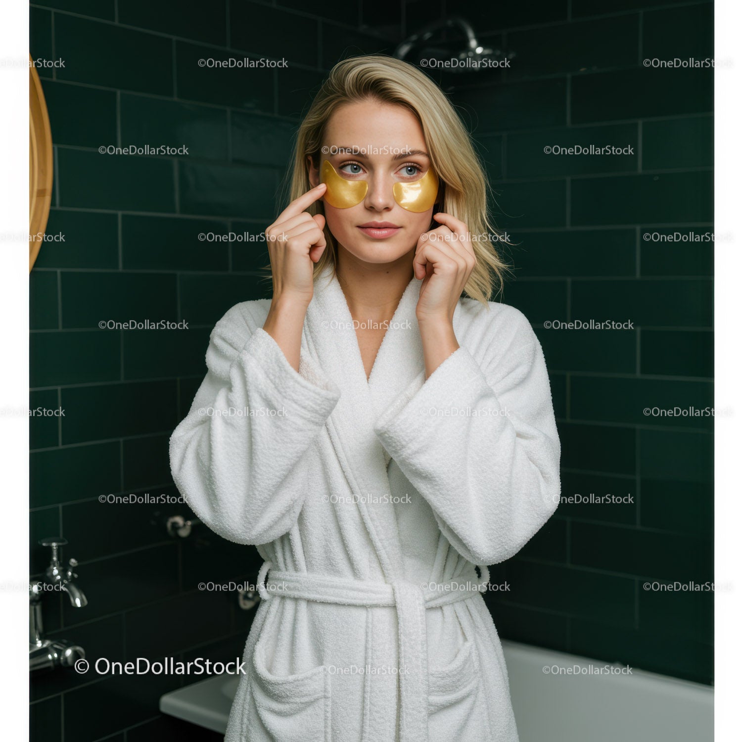 Woman Applying Gold Eye Patches in Spa or Relaxation Setting