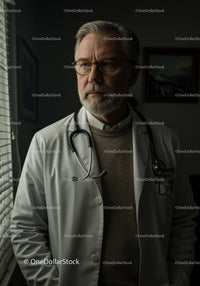 Senior Male Doctor Wearing Glasses with Stethoscope in Hospital Setting