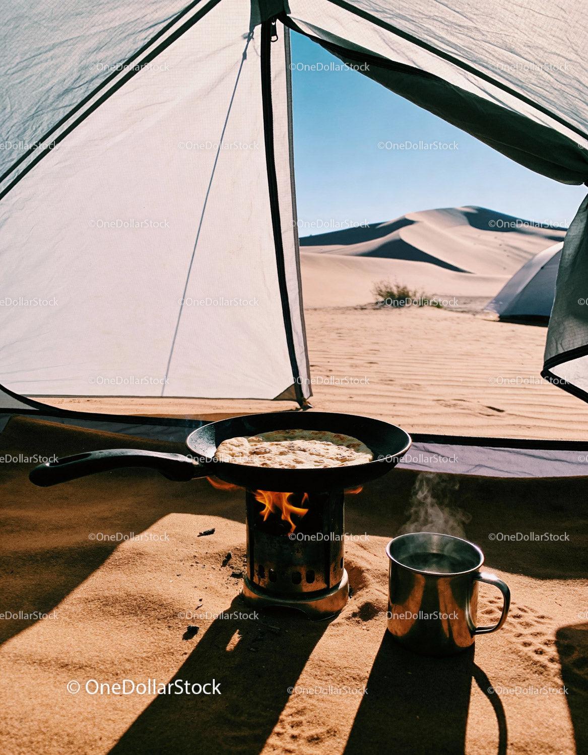 Cooking Flatbread on Stove Inside Desert Camp Tent