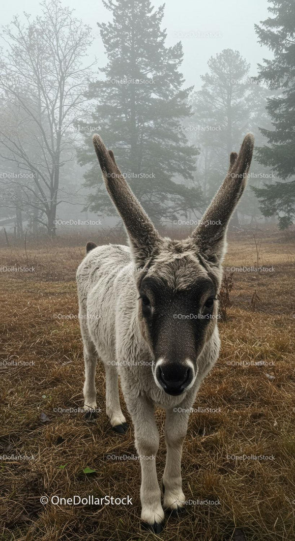 Young reindeer standing in foggy autumn forest