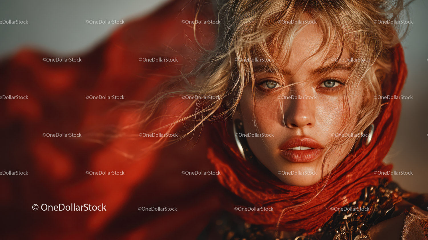 Glamorous Blonde Woman with Blue Eyes Wearing Red Scarf in Studio