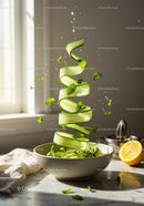 Fresh cucumber ribbons with herbs in ceramic bowl