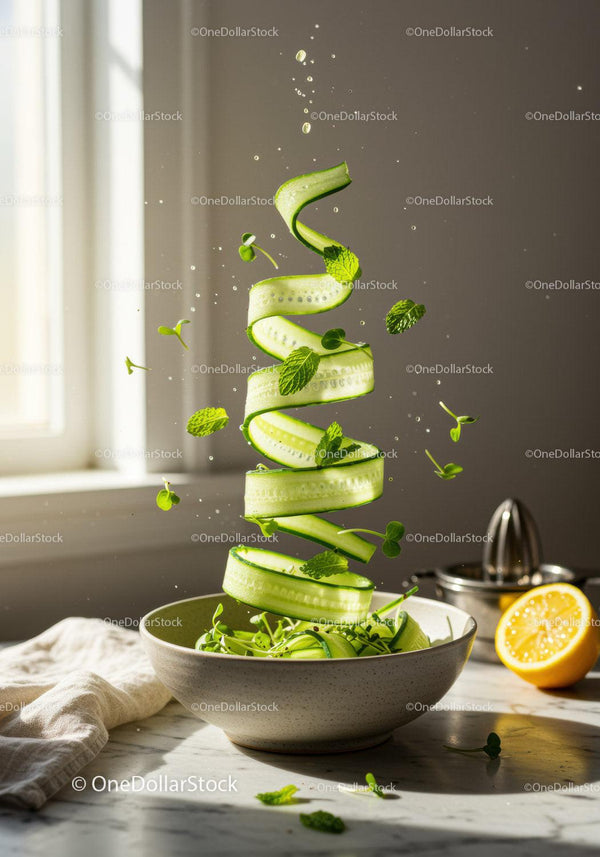 Fresh cucumber ribbons with herbs in ceramic bowl