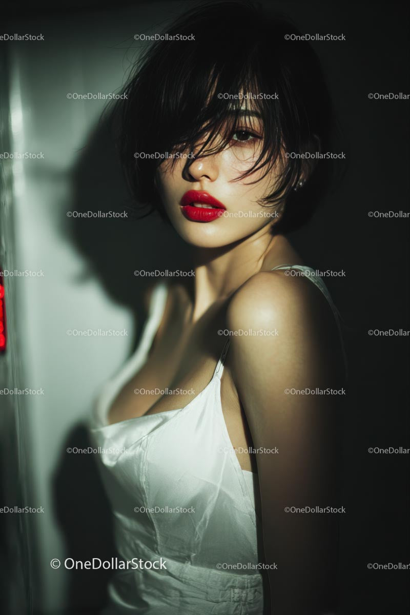 Elegant Woman with Red Lips in Stylish Evening Dress