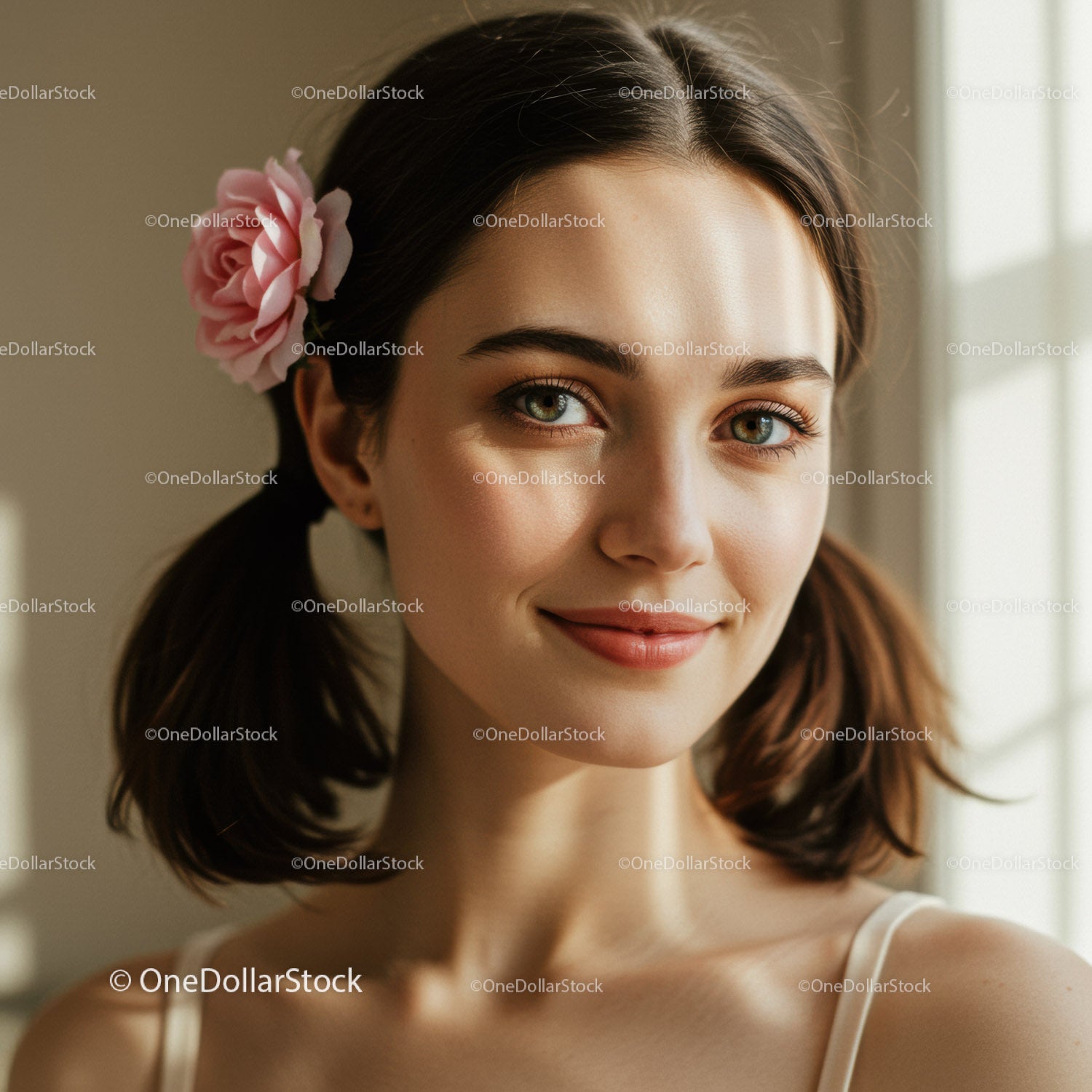 Jasny, radosny portret kobiety z różowym kwiatem i naturalnym światłem