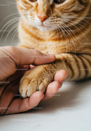 Close-up of hand holding adorable ginger cat's paw