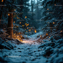 Snowy forest path illuminated by warm glowing lights