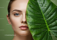 Close-Up of Woman with Blue Eye and Water Droplets on Monstera Leaf