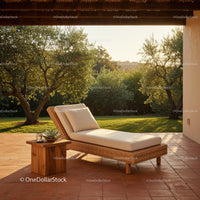 Modern Wicker Lounge Chair with Beige Cushions in Serene Garden Setting