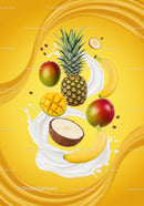Tropical fruits with milk splash on vibrant yellow background