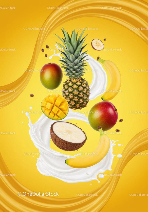 Tropical fruits with milk splash on vibrant yellow background