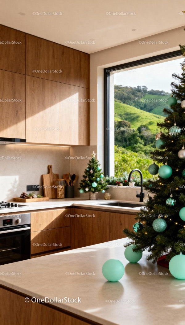 Cozy kitchen with natural wood and Christmas decorations