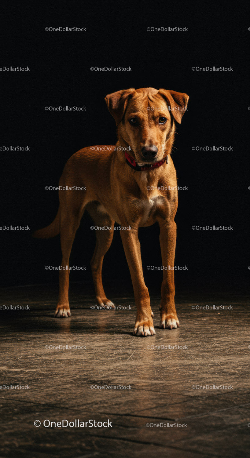 Alert brown dog standing on rustic floor indoors