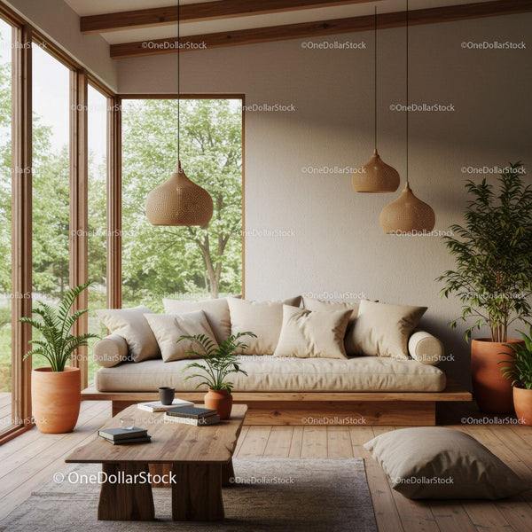 Cozy beige sofa in bright living room with greenery