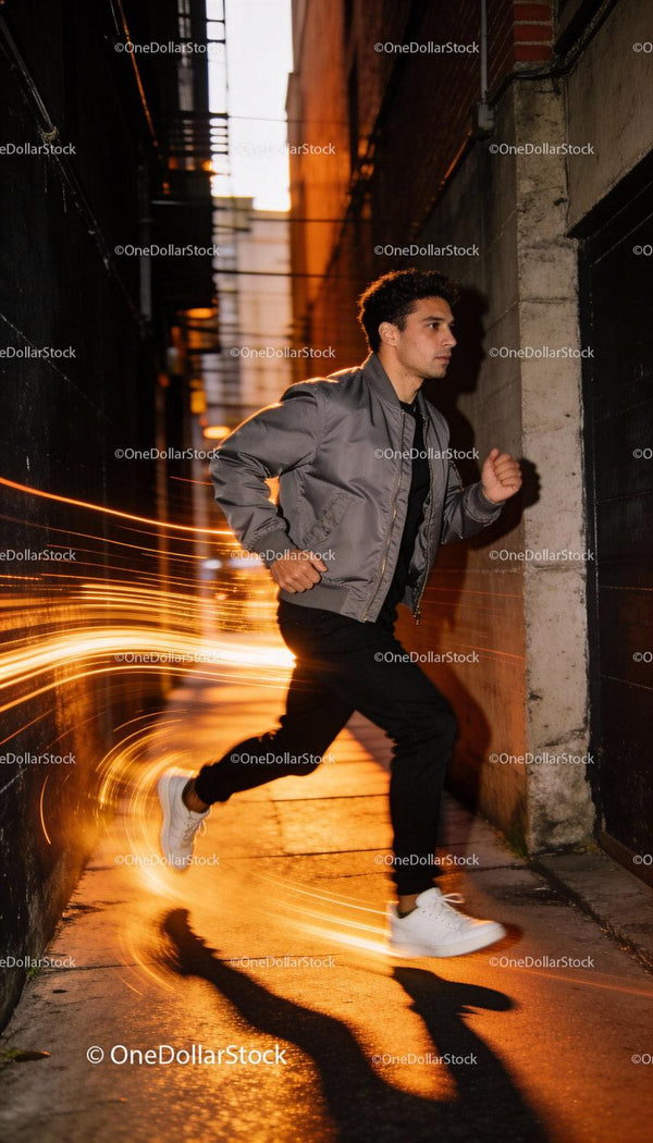 Young man sprinting through illuminated urban alley