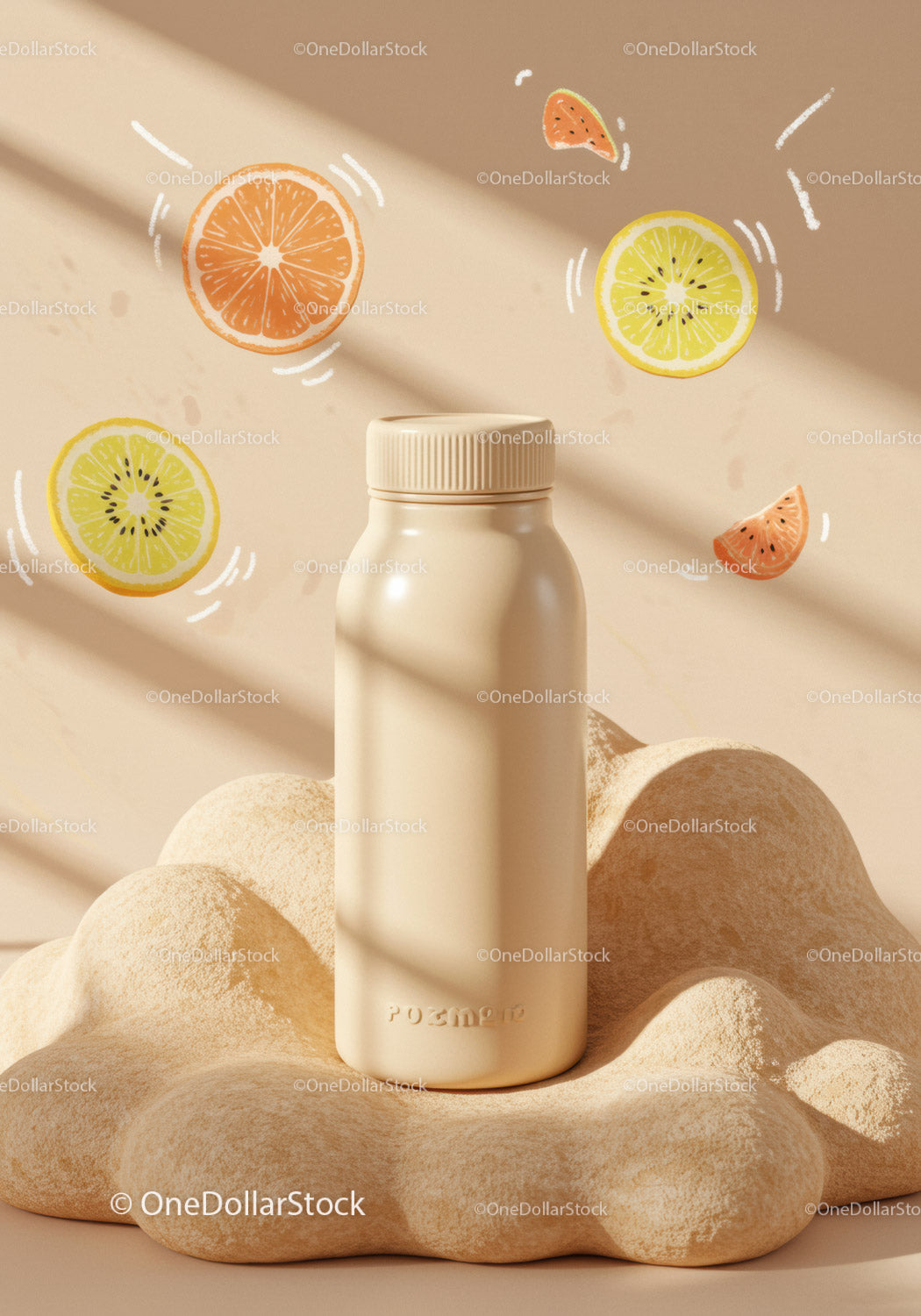 Minimalist Supplement Bottle with Vibrant Fruit Illustrations