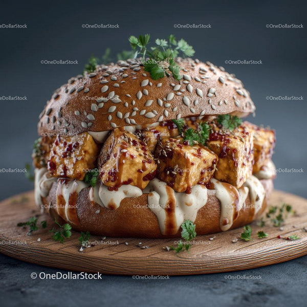 Gourmetowy burger tofu z bułką sezamową i świeżymi ziołami