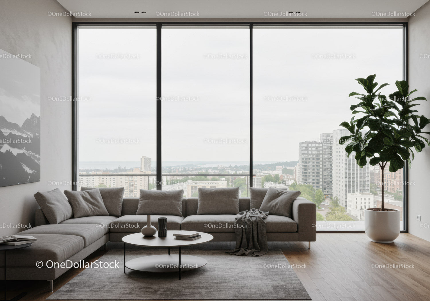 Modern Living Room with City Skyline and Indoor Plant