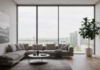 Modern Living Room with City Skyline and Indoor Plant