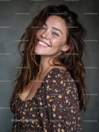 Beautiful Woman with Bright Smile Wearing Floral Dress in Studio