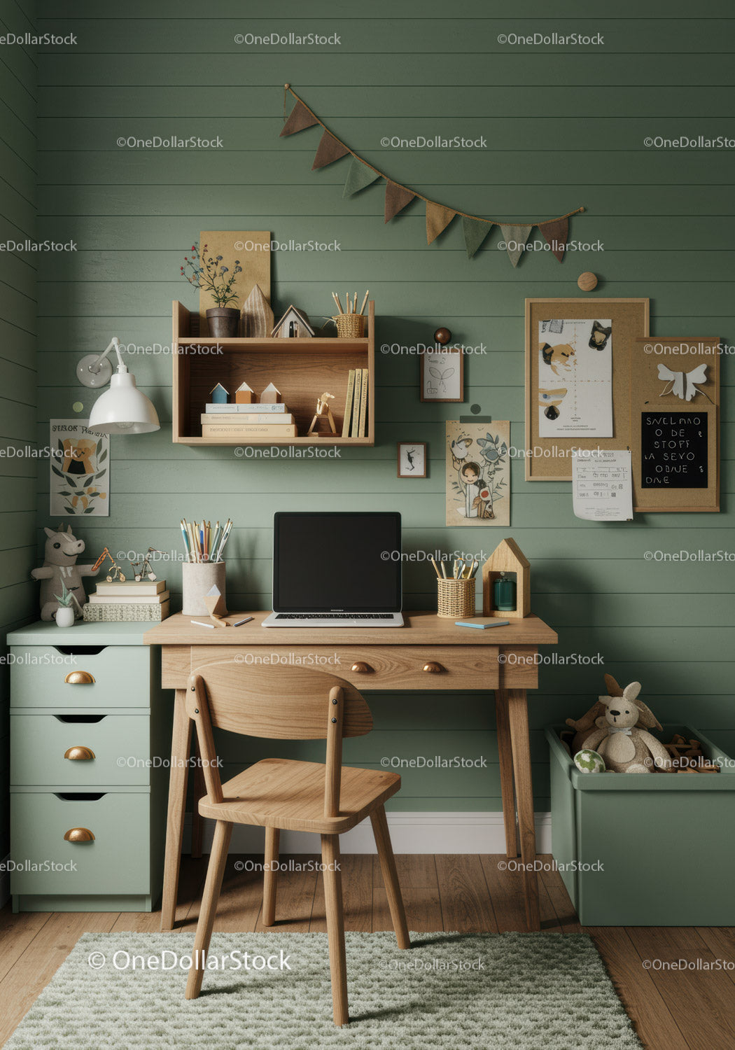 Cozy Children's Study Room with Wooden Desk and Playful Decor
