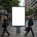 Blank urban billboard with people walking by on street