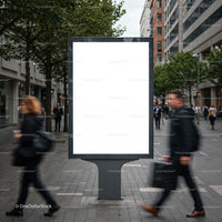 Blank urban billboard with people walking by on street