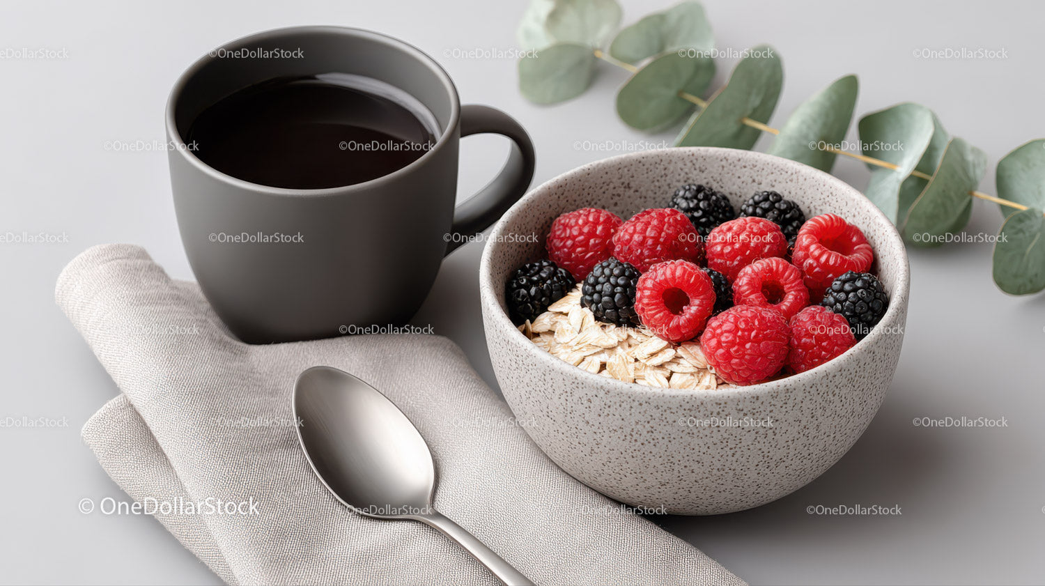 Healthy Breakfast with Mixed Berries and Black Coffee