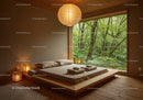 Minimalist bedroom with large window overlooking forest