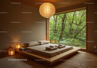Minimalist bedroom with large window overlooking forest