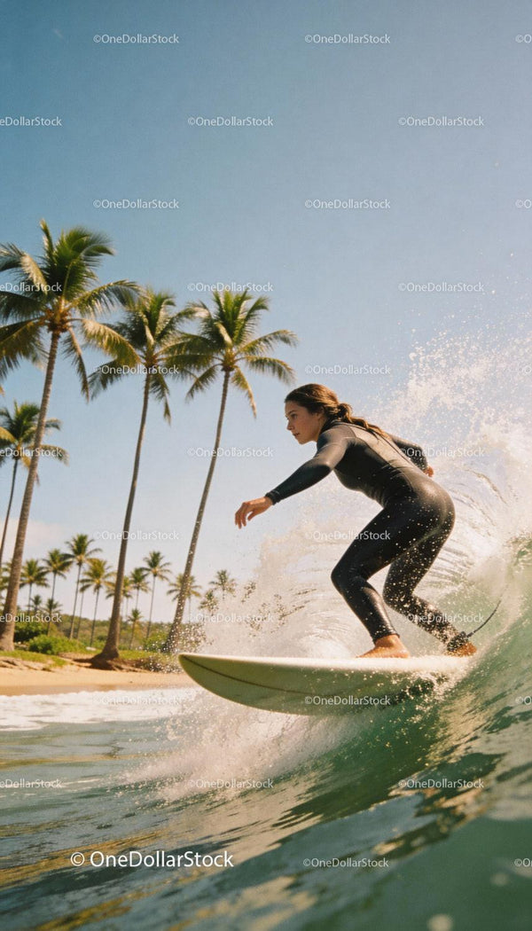 Woman Surfing on a Wave Near Tropical Palm Beach