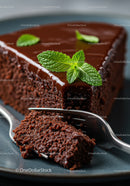 Slice of moist chocolate cake with glossy ganache and mint