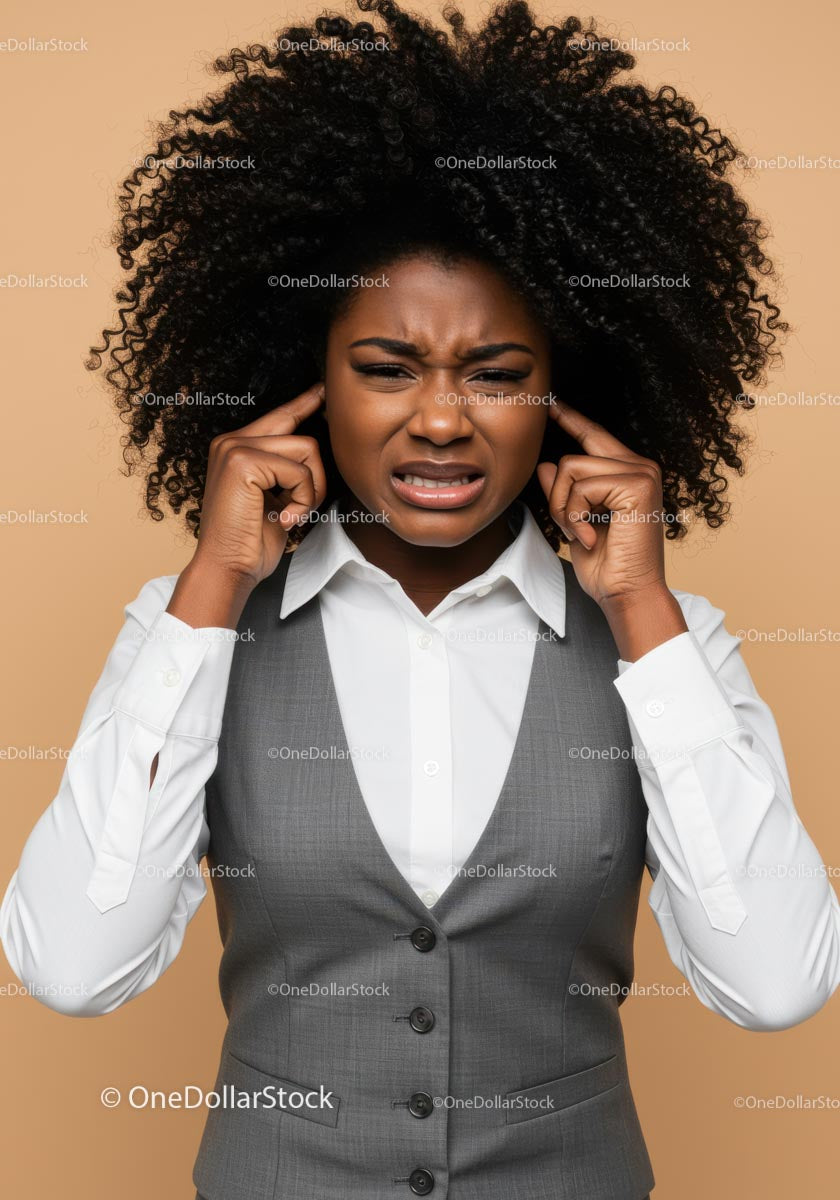 Frustrated Woman Covering Ears with Annoyed Expression