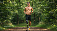 Young Man Running Outdoors on Forest Path with Prosthetic Leg