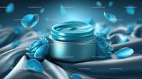 Luxury Blue Cosmetic Jar Surrounded by Elegant Floral Accents