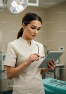 Female Healthcare Professional Using Tablet in Modern Medical Facility