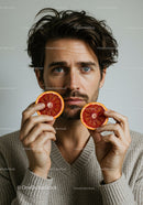 Man Holding Fresh Blood Orange Slices in Close-Up Portrait