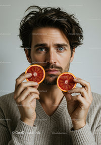 Man Holding Fresh Blood Orange Slices in Close-Up Portrait
