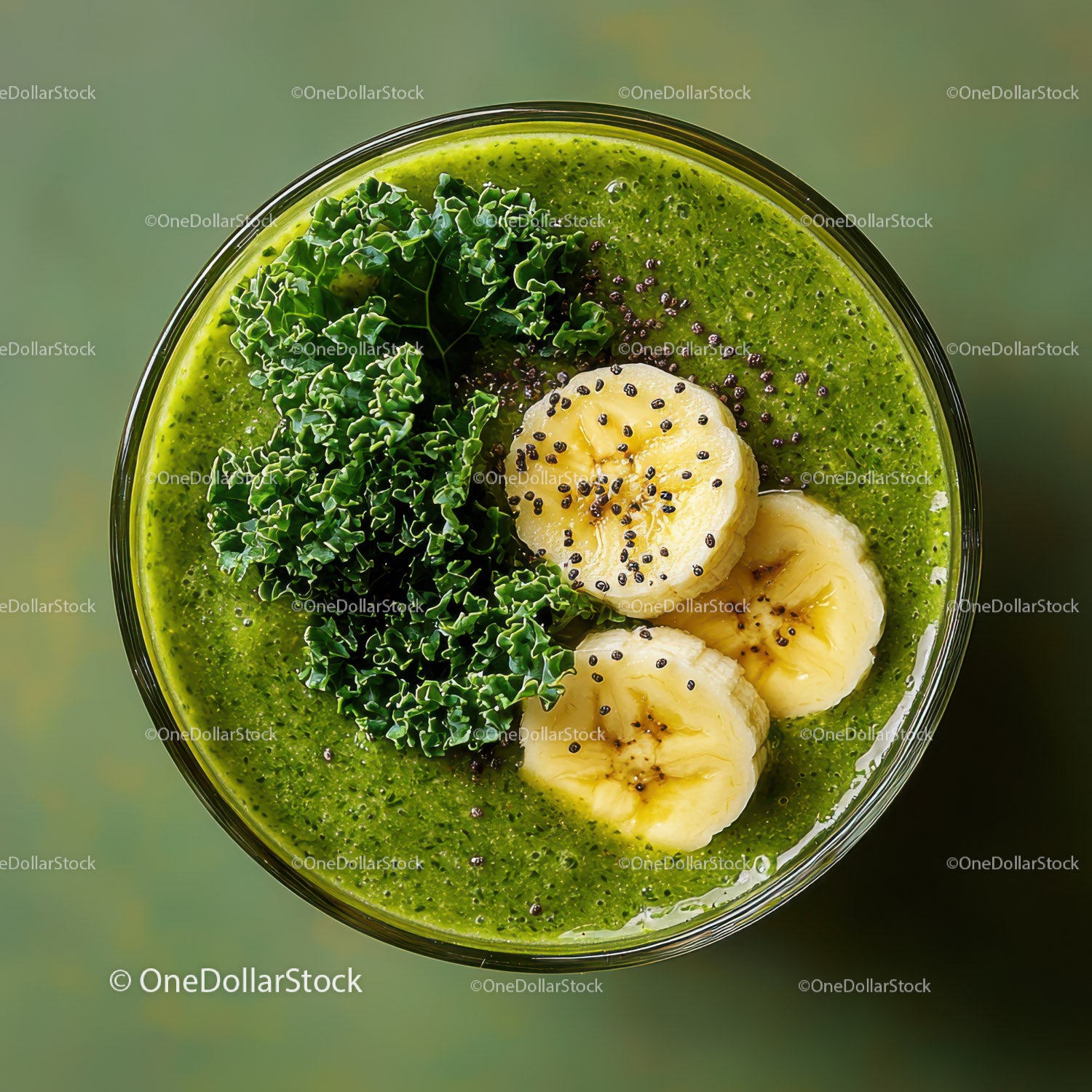 Green Banana Kale Smoothie in Glass with Fresh Fruit and Vegetables