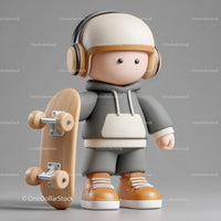 Cute Toy Doll with Skateboard Wearing Gray Hoodie and Headphones
