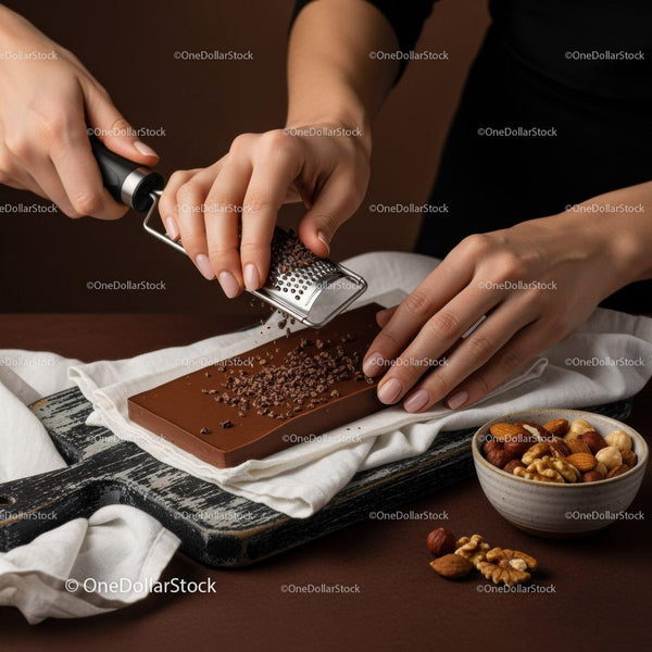 Chocolate Bar Being Grated with Handheld Zester for Dessert Decoration