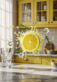 Fresh Lemon Slice Splash with Ice and Herbs in Kitchen