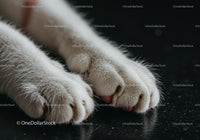 Close up of white cat paws on dark reflective surface