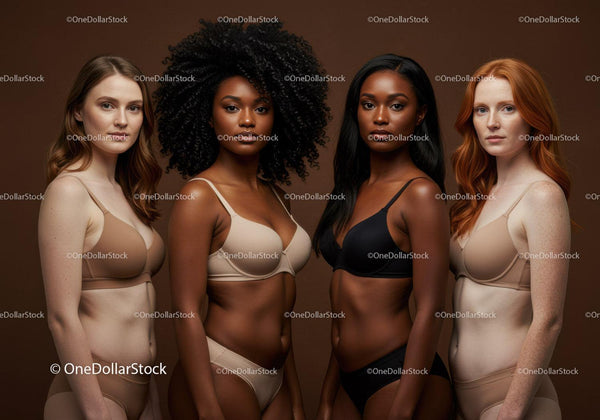 Diverse women modeling natural tone lingerie together