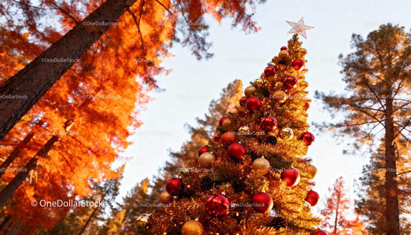 Festive Christmas tree decorated with golden and red baubles